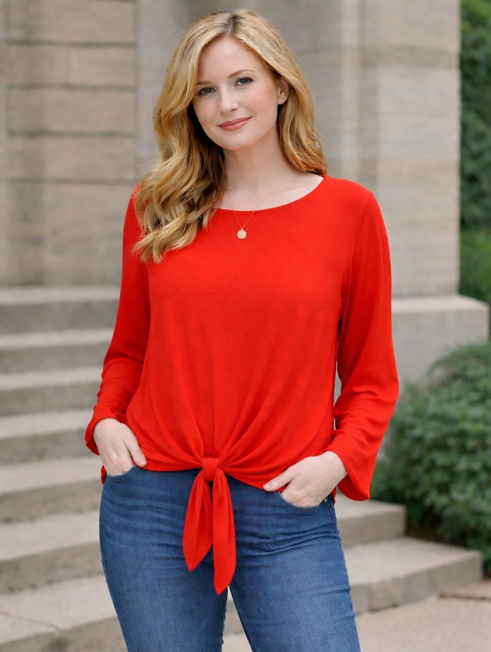 Peter Nygard Blouse NWT Size L Orange Top 3/4 Sleeve Front Tie